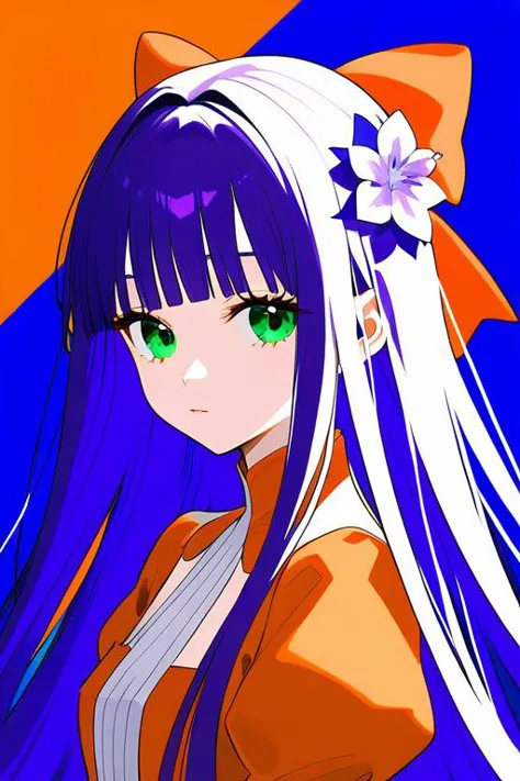 illustration,1girl,flower,solo,long hair,bangs,orange clothes,green eyes,juliet sleeves,upper body,blunt bangs,very long hair,wh...