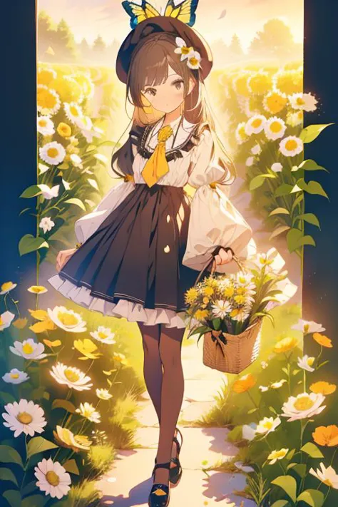 illustration,butterfly,flower,1girl,long hair,hat,yellow flower,necktie,holding,frills,dress,bangs,pantyhose,black footwear,black headwear,skirt,ribbon,daisy,full body,pink bow,<lora:illustration_20240520235257-000003:0.7>,border,colorful,incredibly absurdres,available light,nature,flowers meadows,