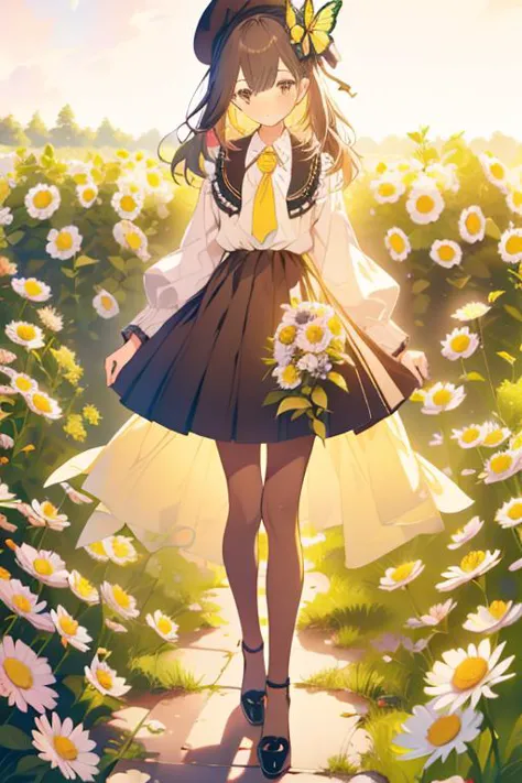 illustration,butterfly,flower,1girl,long hair,hat,yellow flower,necktie,holding,frills,dress,bangs,pantyhose,black footwear,black headwear,skirt,ribbon,daisy,full body,pink bow,<lora:illustration_20240520235257-000003:0.7>,border,colorful,incredibly absurdres,available light,nature,flowers meadows,