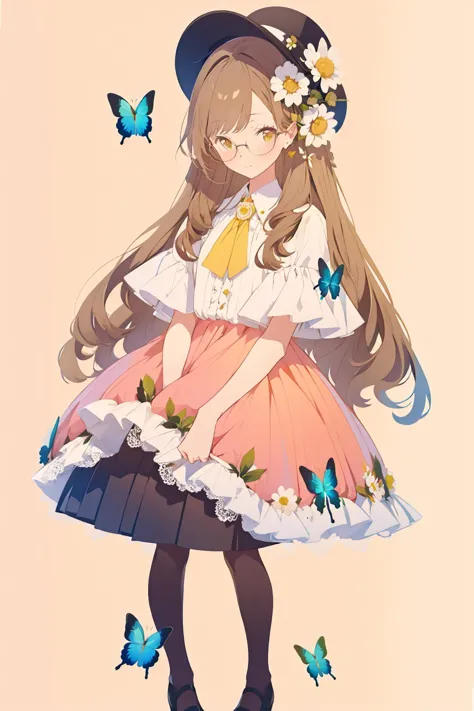 illustration,butterfly,flower,1girl,long hair,hat,yellow flower,necktie,holding,frills,dress,bangs,pantyhose,black footwear,black headwear,skirt,ribbon,daisy,full body,pink bow,<lora:illustration_20240520235257-000003:1>,border,