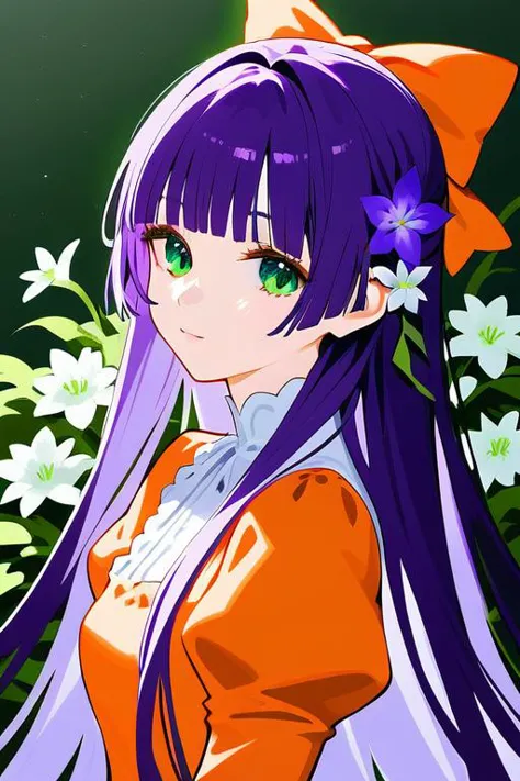 illustration,1girl,flower,solo,long hair,bangs,orange clothes,green eyes,juliet sleeves,upper body,blunt bangs,very long hair,wh...