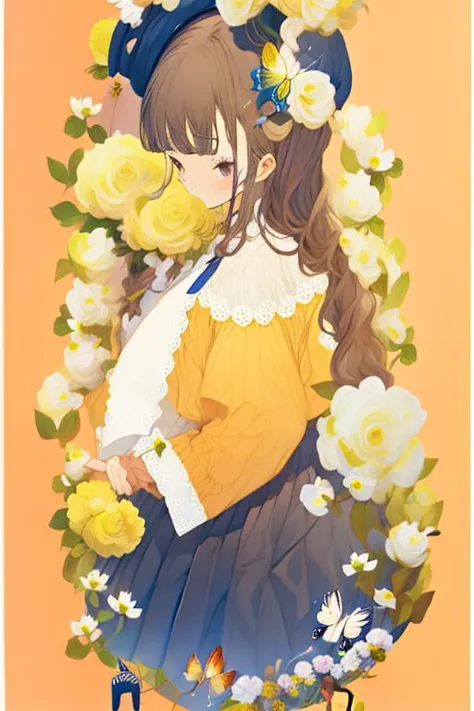 illustration,butterfly,flower,1girl,flowers meadows,long hair,hat,yellow flower,necktie,holding,frills,dress,colorful,bangs,pant...