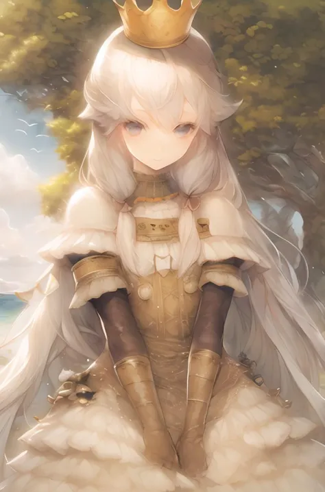 illustration,1girl,solo,long hair,dress,crown,elbow gloves,white hair,
<lora:v3_epoch_7:1.1>,in summer,treehouse,loincloth,