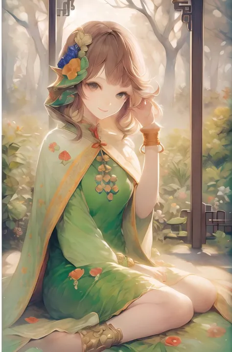 nahidadef,sumeru,masterpiece,best quality,highres,ultra detailed,high saturation,super detailed,4k,8k,1girl,solo,close,full body,realistic lighting,high saturation,bright theme,bright colorful,delicate beautiful face,cheerful smile,pure green eyes,clover-shaped pupils,detailed eyes,eye highlights,cheerful,default outfit,medium-length sleeveless dress,short detached green sleeves,green cape,large bracelet,single large golden bracelet in the right hand,sky,sunrise,trees,forests,sitting,flowers,one hand up.,
in summer,<lora:v3_epoch_7:1.1>,traditional_chinese_room,