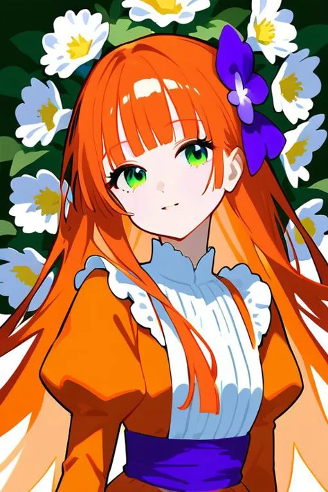 illustration,1girl,flower,solo,long hair,bangs,orange clothes,green eyes,juliet sleeves,upper body,blunt bangs,very long hair,wh...