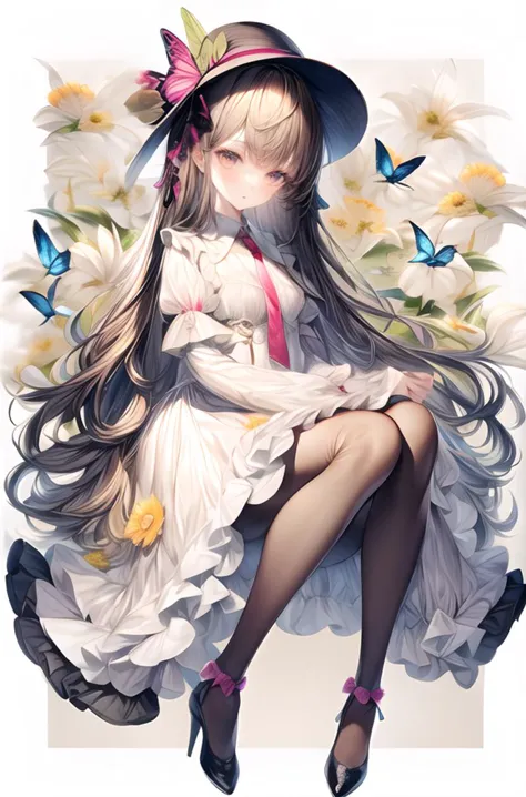 illustration,butterfly,flower,1girl,long hair,hat,yellow flower,necktie,holding,frills,dress,bangs,pantyhose,black footwear,black headwear,skirt,ribbon,daisy,full body,pink bow,border,<lora:v3_epoch_7:0.8>,<lora:add_detail:1>,