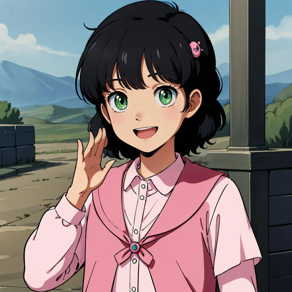 Anime girl with black hair and pink shirt talking on cell phone - SeaArt AI