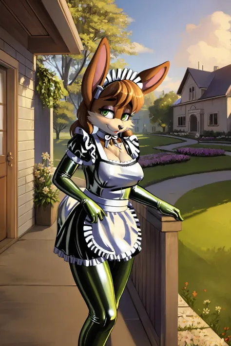 a cartoon picture of a woman in a maid outfit standing on a porch