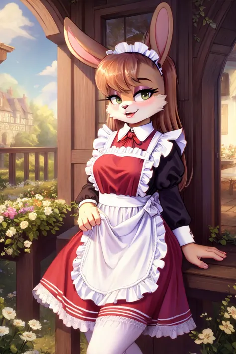 anime girl in bunny costume posing for a picture in front of a house