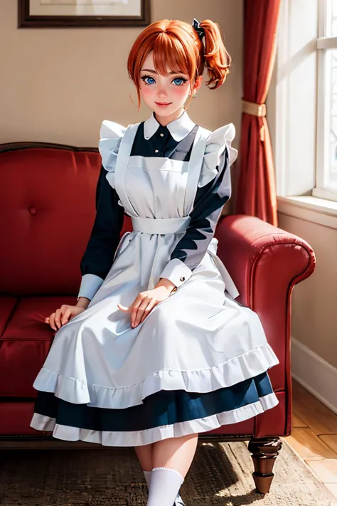 misty, orange hair, side ponytail, blue eyes, l0ngma1d, long sleeves, bow, apron, maid, frilled apron, looking at viewer, smiling, blush, sitting,  on sofa, inside fancy living room, soft lighting, high quality, masterpiece, <lora:l0ngma1d:.7>  <lora:PKMN_Misty_v2:.8>