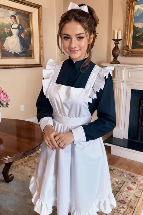 <lora:MKM:.7>, brown eyes, ponytail, l0ngma1d, long sleeves, bow, apron, maid, frilled apron, looking at viewer, smiling, blush, standing, medium shot, inside fancy living room, sofa, table,high quality, masterpiece,  <lora:l0ngma1d:.6>