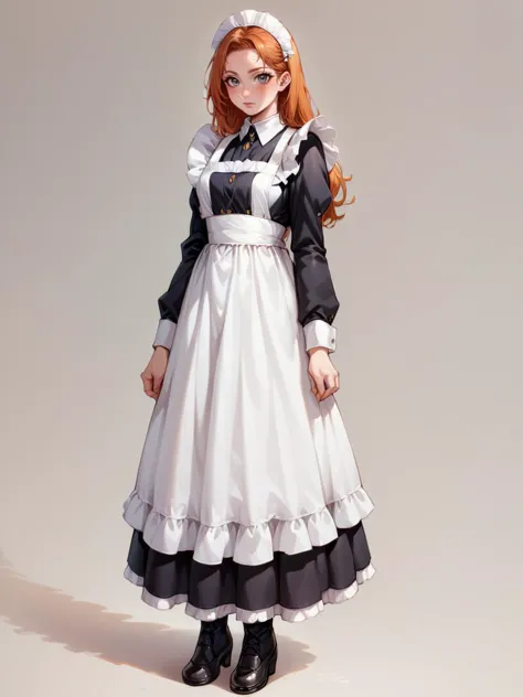 score_9, score_8_up, score_7_up, score_6_up, l0ngm41d, long sleeves, bow, apron, maid, frilled apron, full body, ginger hair,  <...