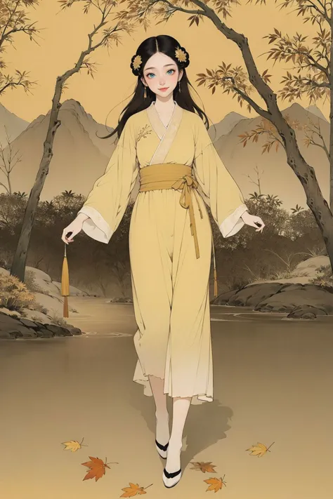 <lora:guofeng:0.85>,(chinese_art_style,simple background,yellow background),1girl,standing,full body,hanfu,(tree, leaves,outdoors),(masterpiece,high quality,best quality),(colorful),(delicate eyes and face),volumatic light,ray tracing,extremely detailed CG unity 8k wallpaper,