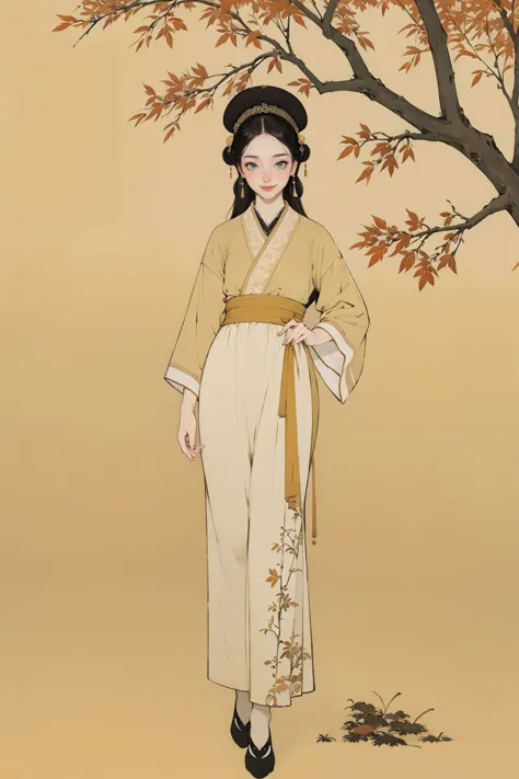 a woman in a traditional chinese dress standing under a tree