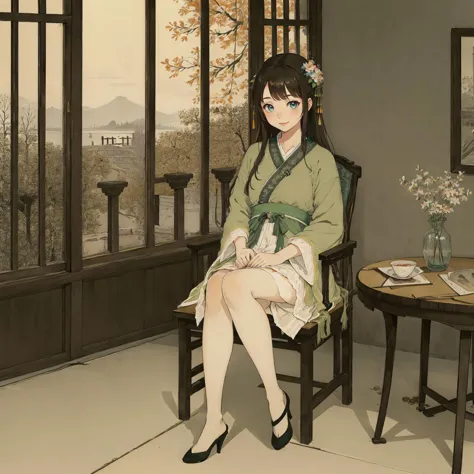 <lora:guofeng:0.8>,(chinese_art_style, simple background, green background),1girl,smile,sitting on the chair,full body,hanfu,high heels,(indoors, chinese style decorations, table, window, scenery),(masterpiece,high quality,best quality),(colorful),(delicate eyes and face),volumatic light,ray tracing,extremely detailed CG unity 8k wallpaper,