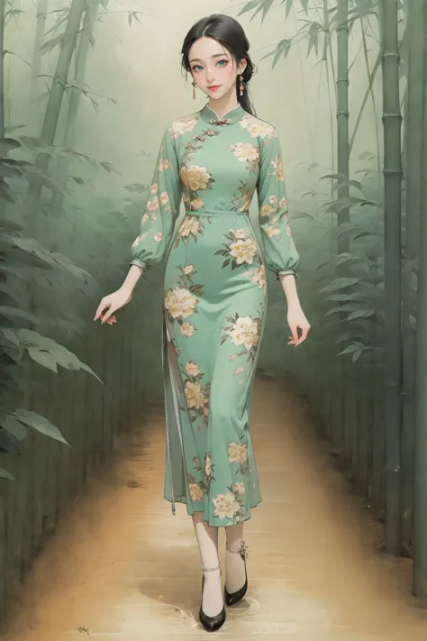 a woman in a green dress walking down a path in a bamboo forest