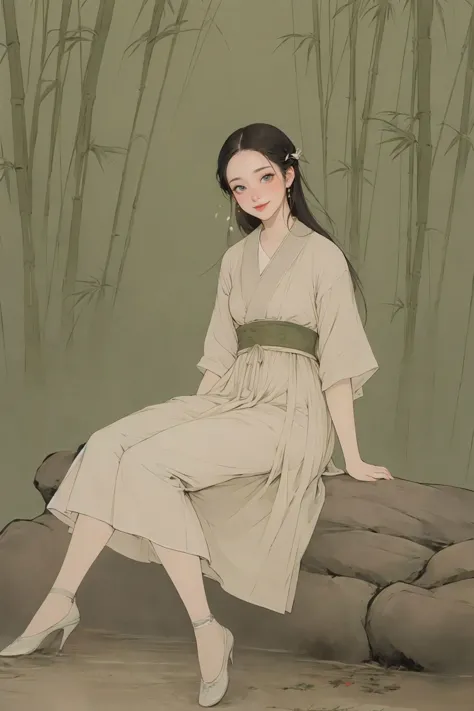 a woman sitting on a rock in a bamboo forest