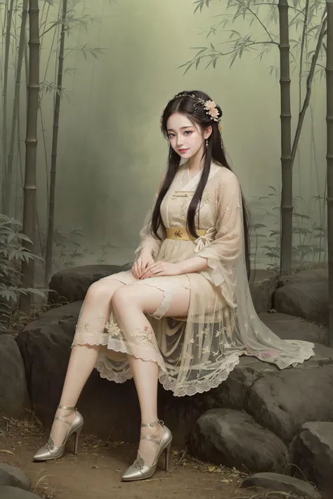 <lora:guofeng:0.9>,(chinese_art_style, simple background),1girl,smile,sitting on the rock,full body,hanfu,high heels,(outdoors, bamboo forest, path),(masterpiece,high quality,best quality),(colorful),(delicate eyes and face),volumatic light,ray tracing,extremely detailed CG unity 8k wallpaper,