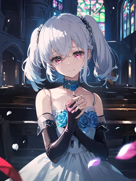 masterpiece,best quality,highres,cinematic lighting,dramatic angle,<lora:OrchisV2-000038:0.8:lbw=jiangshi3>,1girl,silver hair,red eyes,twintails,smile,doll joints,black dress,bare shoulders,choker,blue rose,detached sleeves,elbow gloves,(shiny wedding ring on finger:1.1694),petals,outstretched hand,single ring,tears with joy,smile,outdoors,at the enter of church,depth of field,portrait,looking at viewer,head tilt,straight-on,upper body,pov,