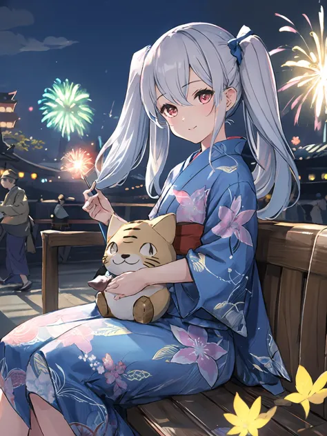 masterpiece,best quality,highres,cinematic lighting,dramatic angle,1girl,<lora:OrchisV2-000038:0.8:lbw=jiangshi>, silver hair,twintails, red eyes,looking at viewer,smile,blush,fireworks,crowd,streetscape,depth of field,night,kimono,japanese clothes,holding cat stuffed toy,sitting on bench,fence,head tilt,hand fan,paper fan,doll joints