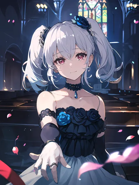 masterpiece,best quality,highres,cinematic lighting,dramatic angle,<lora:OrchisV2-000038:0.8:lbw=jiangshi3>,1girl,silver hair,red eyes,twintails,smile,doll joints,black dress,bare shoulders,choker,blue rose,detached sleeves,elbow gloves,(shiny wedding ring on finger:1.109),petals,outstretched hand,single ring,tears with joy,smile,outdoors,at the enter of church,depth of field,portrait,looking at viewer,head tilt,straight-on,upper body,pov,