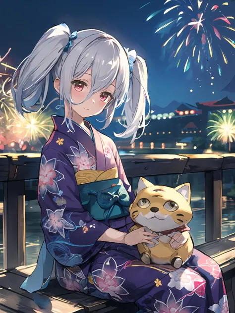 anime girl sitting on a bench with a cat and fireworks in the background