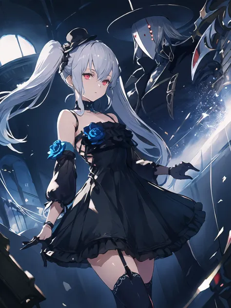 anime girl in black dress with long white hair and black gloves