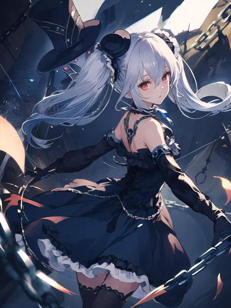 anime girl with white hair and black dress holding a bow