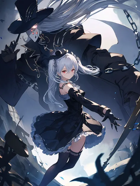 masterpiece,best quality,highres,cinematic lighting,dramatic angle,<lora:OrchisV2-000038:0.8>,1girl,1boy,1other,Lloyd,marinoette,silver hair,red eyes,black dress;(top hat:1.2),blue rose;mask,detached sleeves;claws,black thighhighs;jacket,frills,elbow gloves,puppet strings,depth of field,doll,twintails,1girl with silver hair and twintails along with her marionette called Lloyd,cowboy shot,chain,monster,looking at viewer