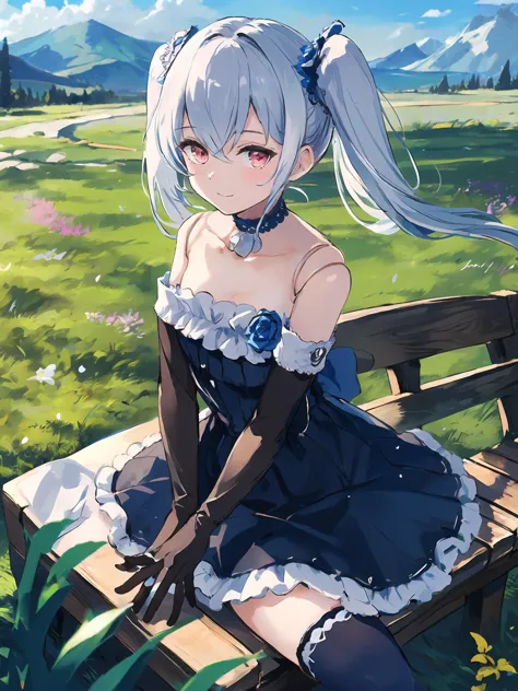 anime girl sitting on a bench in a field of flowers