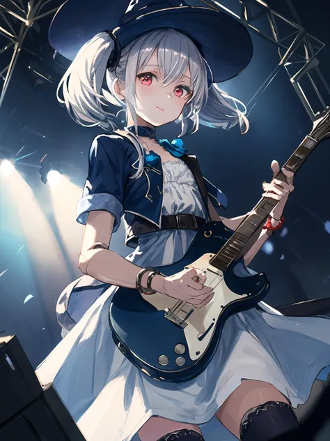 anime girl with a guitar in her hands and a hat on