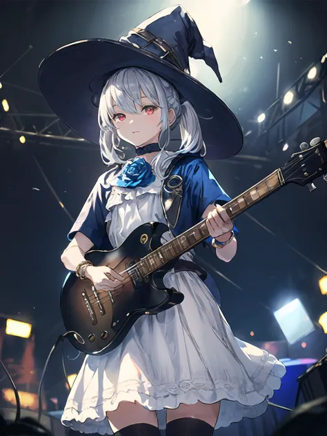 anime girl with a hat and a guitar in a stage