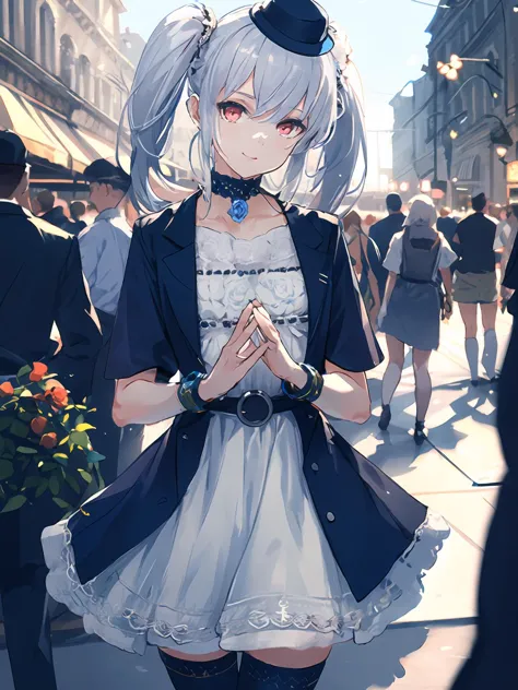 anime girl in a white dress and black hat standing on a street