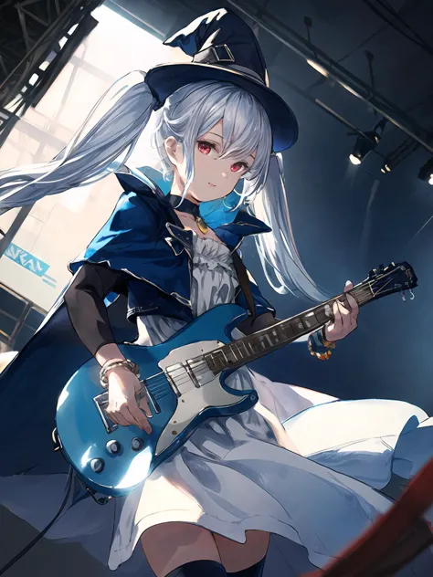 anime girl with blue guitar and hat playing a song