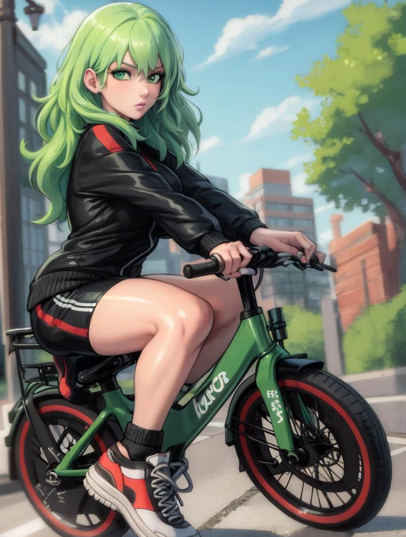 masterpiece, best quality, fembyleth, (light green hair:1.3), green eyes, black tracksuit, sneakers, riding a bicycle, looking at viewer 