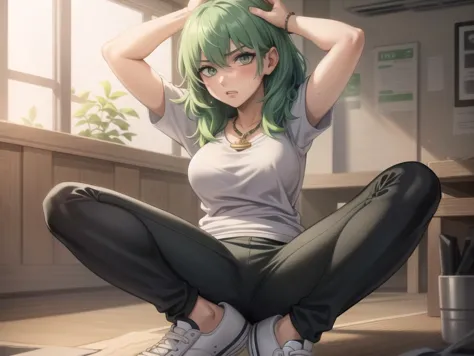 anime girl with green hair sitting on the floor in a room