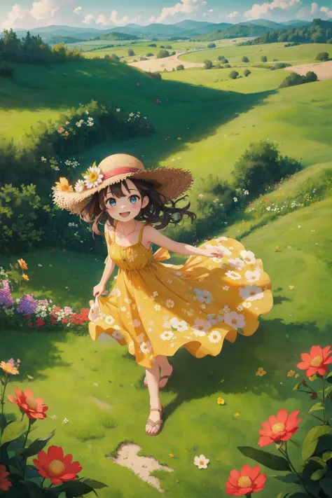 masterpiece, best quality, 1girl,sun-dress,outdoor,(kind smile:0.6),wind,dynamic,straw hat,flower,from above,landscape