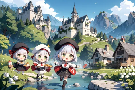 scenery, nordic forest, village, <lora:Noelle-v7.2:0.7>chibi, 6+girls, kfc costume, beret, holding tray of food, smile, open mou...