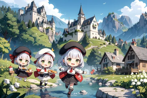 scenery, nordic forest, village, chibi, 6+girls, kfc costume, beret, holding tray of food, smile, open mouth, lily of the valley, ivy, pine tree, mountain, river, village, castle