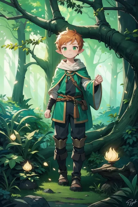 masterpiece, best quality, beautiful face, ((ginger)), freckles, full body, 1boy, green eyes, enchanted forest, dark theme, drui...