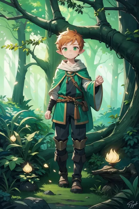 masterpiece, best quality, beautiful face, ((ginger)), freckles, full body, 1boy, green eyes, enchanted forest, dark theme, druid tunic, <lora:FeyAndFairies:0.8>, FeyFa,