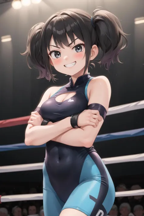 masterpiece,best quality,1girl,serious,grin,arms folded,wrestling,black short hair ,twintails