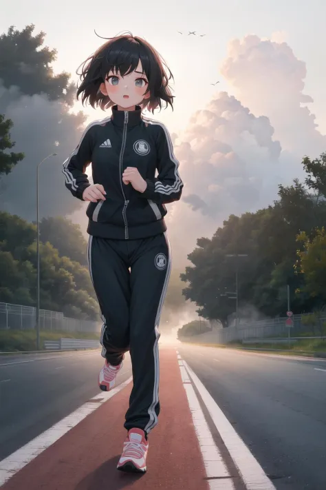 masterpiece,best quality,1girl,black short hair,dawn,road,(run,hands:1.2),fog,track jacket, long pants,