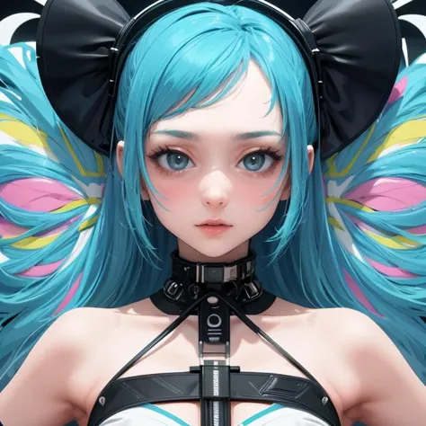 a close up of a woman with blue hair and a butterfly costume