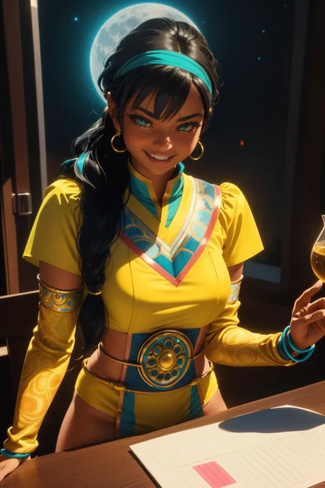 a woman in a yellow outfit holding a glass of wine