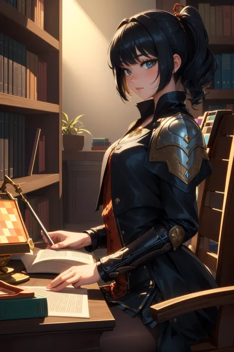 anime girl sitting at a desk with a book and a chess board