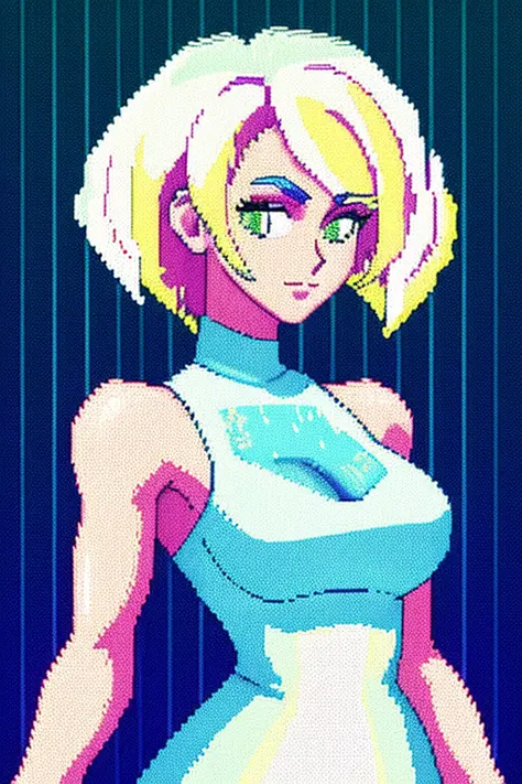 woman, white dress, glow in the dark hair, the style is pixel art with bright colors and dithering effects