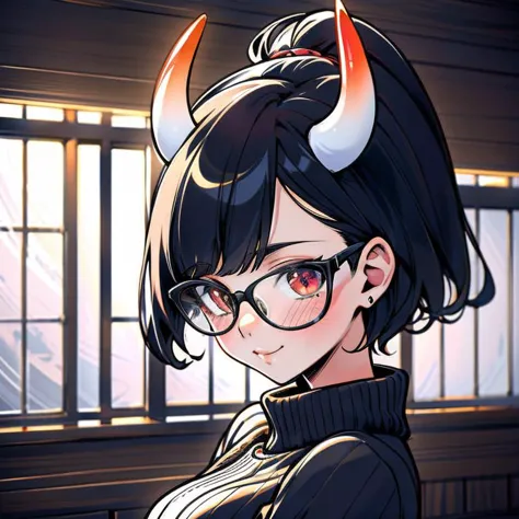 anime girl with horns and glasses in a room