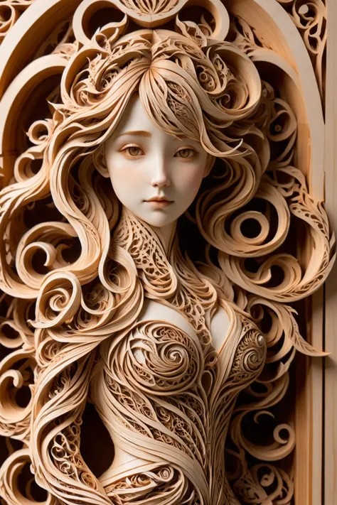 fresque murale en bois d&#39;une femme, dans le style d&#39;Aaron Horkey, dans le style d&#39;Aphonse Mucha papercut, (chef-d&#39;œuvre:1.2), Meilleure qualité, (hyperdétaillé, le plus détaillé:1.2), textures haute résolution, 