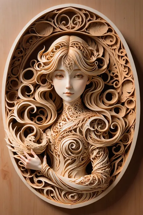 woodfigurez mural of a woman, in the style of aaron horkey, in the style of aphonse mucha  papercut, (masterpiece:1.2), best quality, (hyperdetailed, highest detailed:1.2), high resolution textures, 